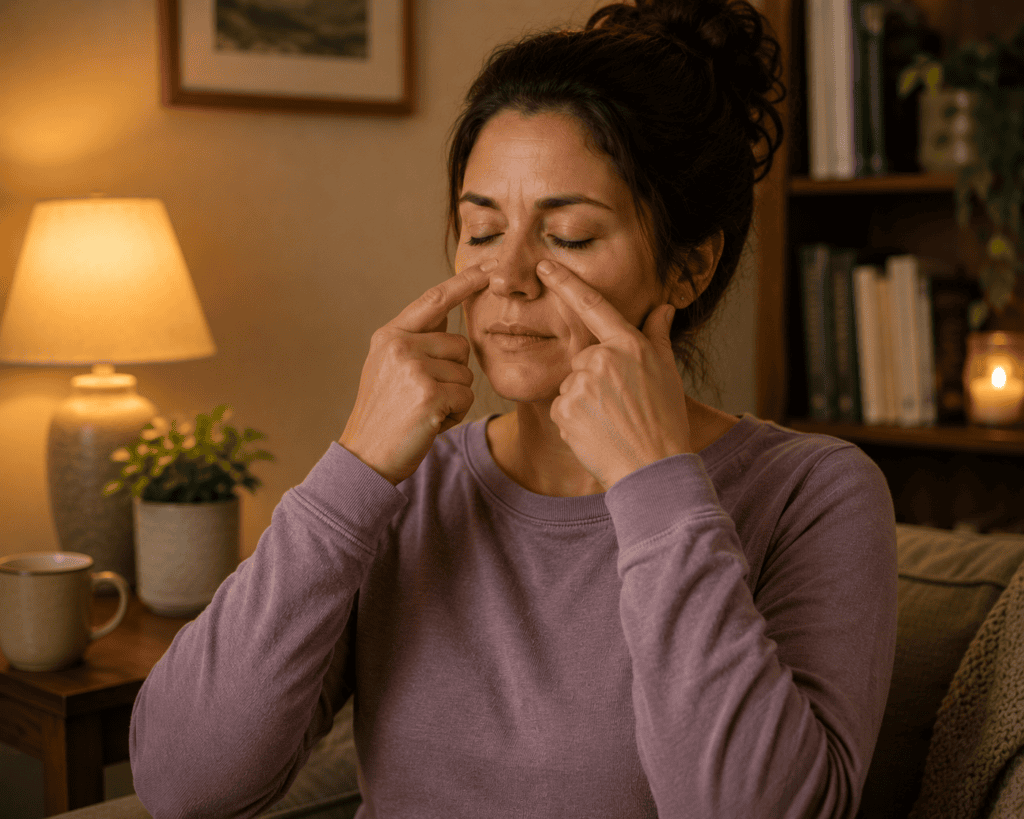 Person pressing an acupressure point beside the nose to ease sinus congestion as an everyday self-care use.