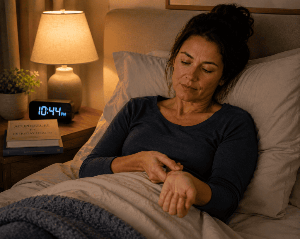 Person pressing a calming acupressure point while lying in bed to support falling asleep and staying asleep.