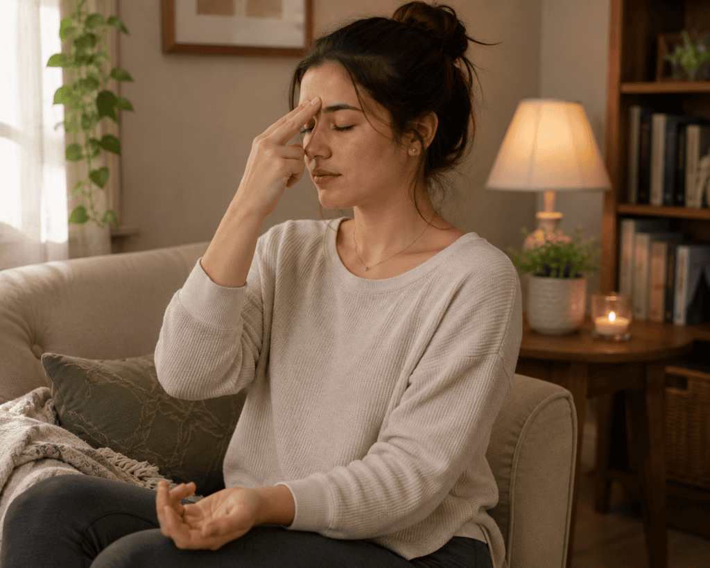 Person pressing a calming acupressure point with eyes closed to ease stress and settle difficult emotions.