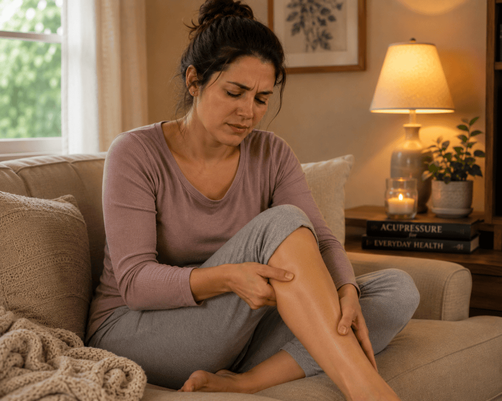 Woman pressing an acupressure point at home to ease menstrual discomfort as part of women's health support.