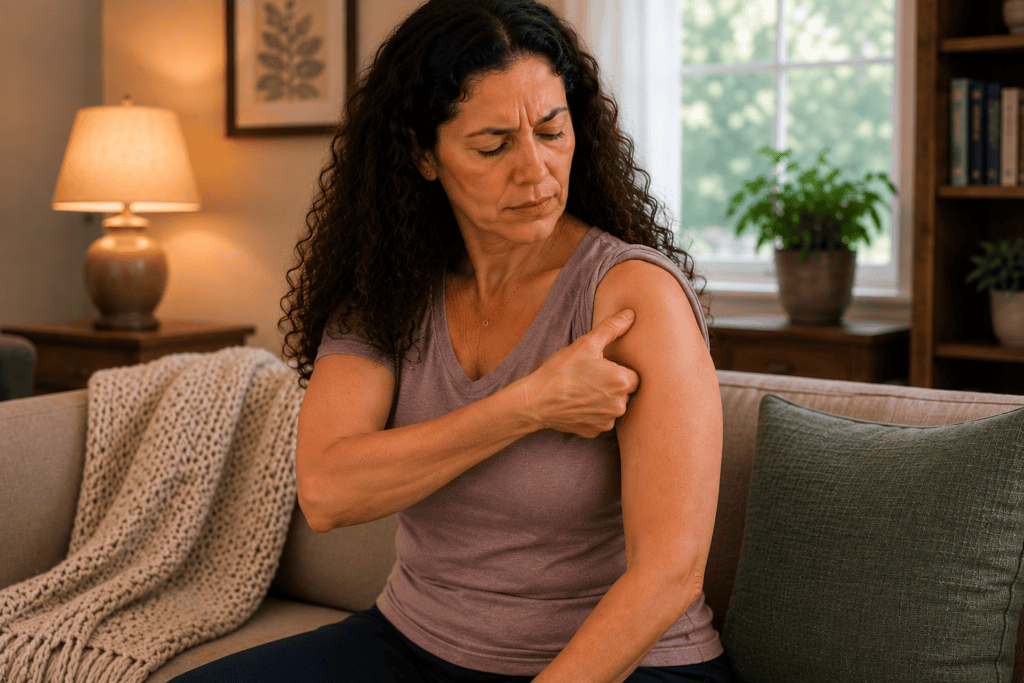 Person pressing an acupressure point near the shoulder to ease frozen shoulder tension.