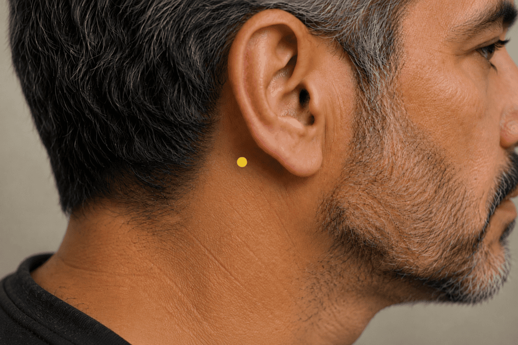 Close-up of the side of a head with a yellow dot marker in the depression behind and below the earlobe at the junction where the skull meets the neck, indicating the location of Anmian.