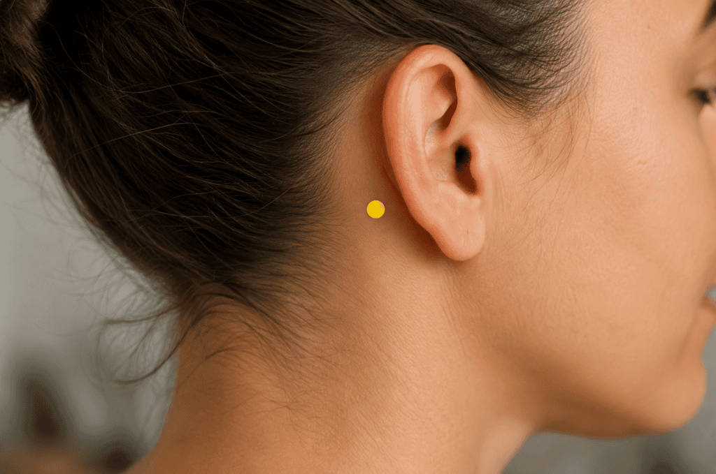 Close-up of the side of a head with a yellow dot marker in the depression behind and below the earlobe at the junction where the skull meets the neck, indicating the location of Anmian.