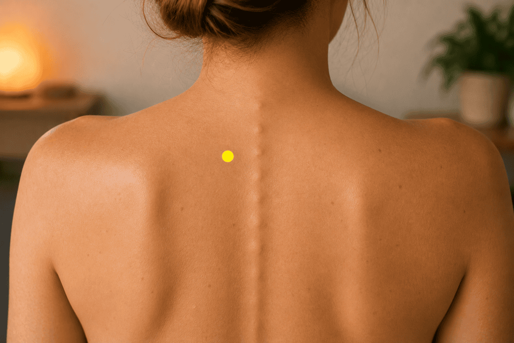Close-up of an upper back with a yellow dot marker beside the spine between the shoulder blades, indicating BL13.