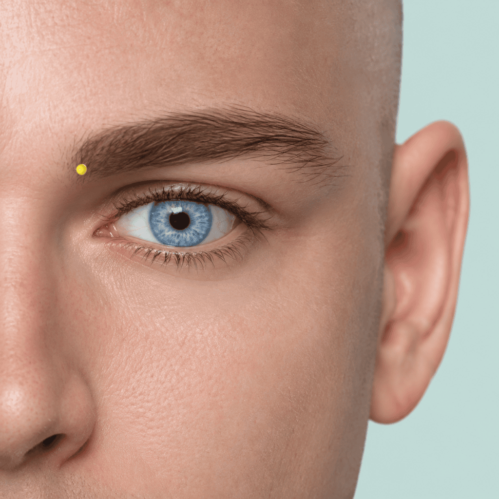 Close-up of a face with a yellow dot marker in the notch at the inner end of the eyebrow, indicating BL2.