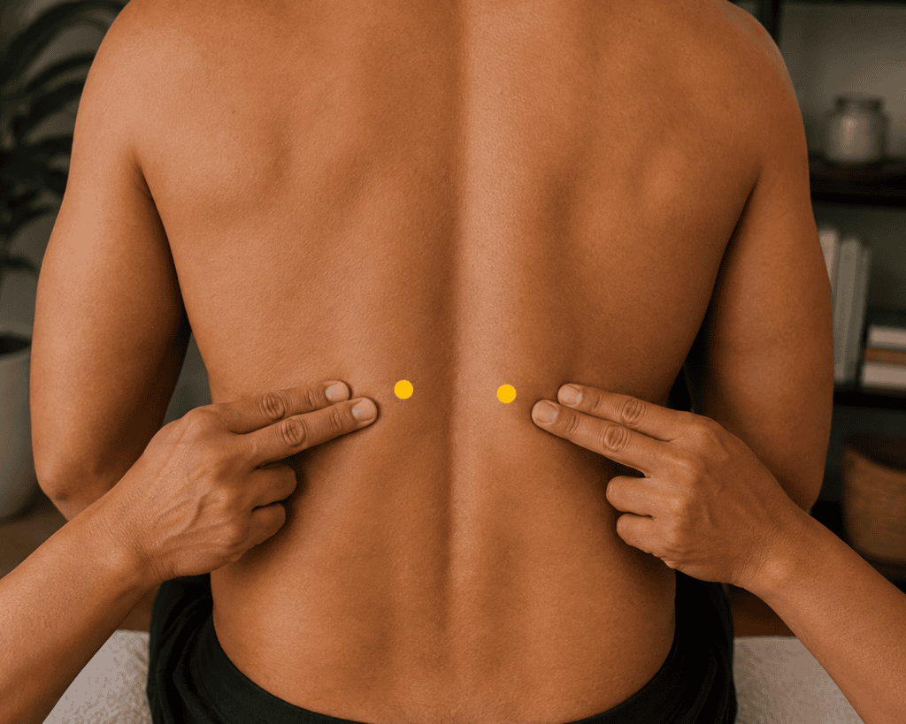Close-up of a mid back with a yellow dot marker on either side of the spine at the level of the eleventh thoracic vertebra about two finger-widths lateral to the spine, indicating the location of BL20.