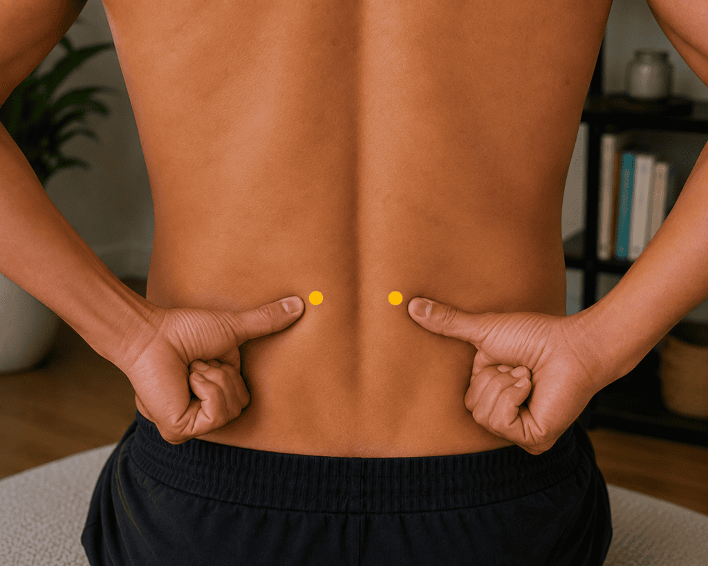 Close-up of a low back with a yellow dot marker on either side of the spine at the level of the second lumbar vertebra about two finger-widths lateral to the spine, indicating the location of BL23.