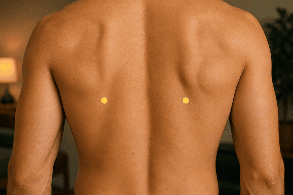 Close-up of a back with a yellow dot marker at the level of the lower border of the ninth thoracic vertebra about three finger-widths lateral to the spine, indicating the location of BL47.