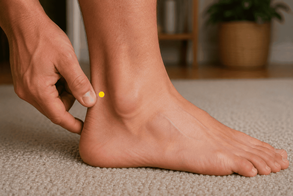 Close-up of a pregnant person's outer ankle with a yellow dot marker in the depression between the outer ankle bone and the Achilles tendon at the level of the tip of the outer ankle bone, indicating the location of BL60.