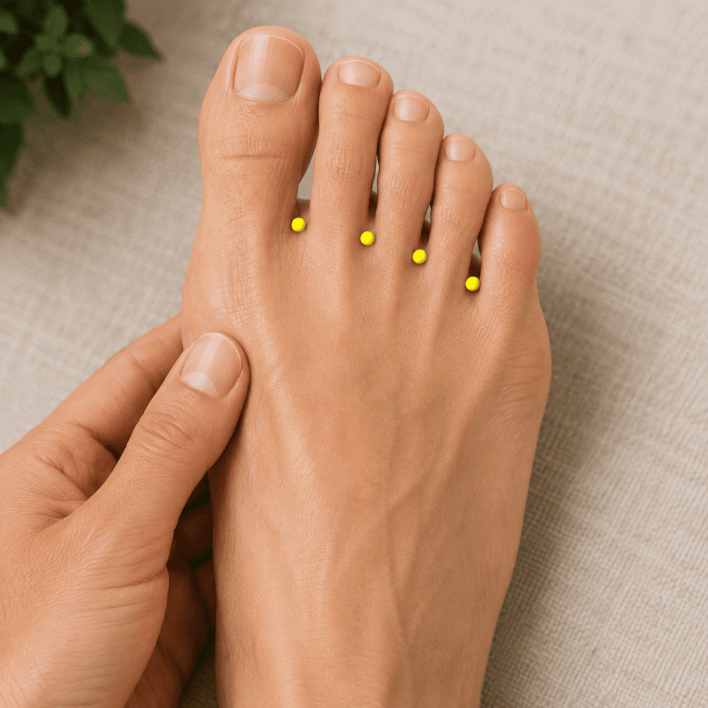 Close-up of the top of a foot with yellow dot markers in the four webbings between the toes, indicating the Ba Feng points.