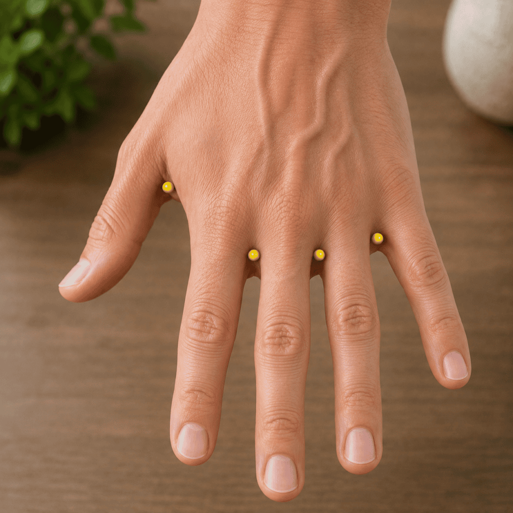 Close-up of a hand with four yellow dot markers in the webbings between the fingers at the junctions where the fingers meet the hand, indicating the locations of the four Ba Xie points.