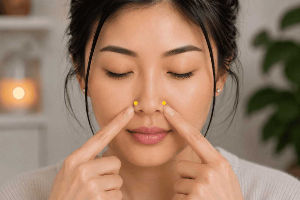 Close-up of a face with a yellow dot marker at the top of the nasolabial groove in the depression at the side of the nose about halfway between the tip of the nose and the corner of the eye, indicating the location of Bitong.