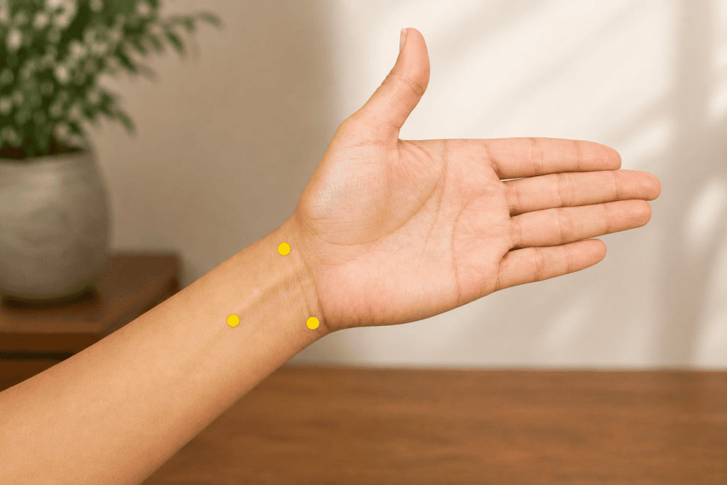 Close-up of an inner wrist and forearm with three yellow dot markers showing HT7 on the pinky side of the wrist crease, PC6 three finger-widths up between the tendons, and LU9 on the thumb side of the wrist crease, known together as Buddha's Triangle.