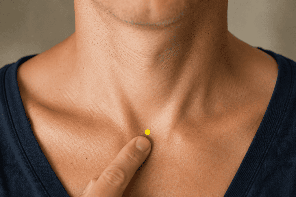 Close-up of the base of the throat with a yellow dot marker in the depression just above the top of the sternum, indicating the location of CV22.