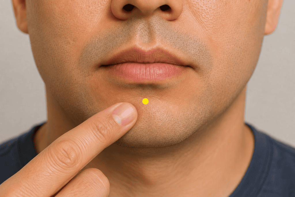 Close-up of a face with a yellow dot marker in the depression in the center of the chin below the lower lip in the midline, indicating the location of CV24.