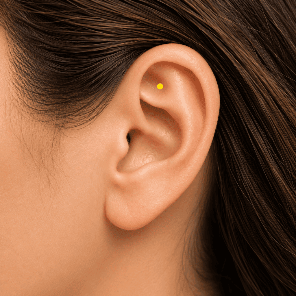 Close-up of an ear with a yellow dot marker in the upper triangular hollow of the cartilage, indicating Ear Shenmen.