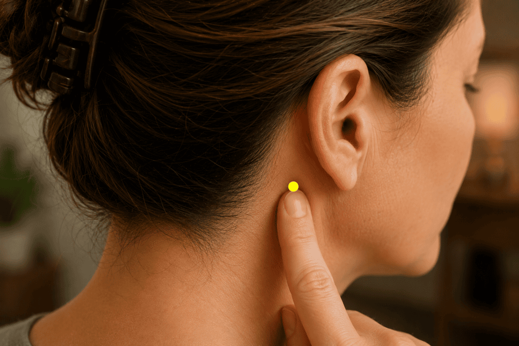 Close-up behind the ear with a yellow dot marker in the hollow behind the mastoid bone, indicating GB12.