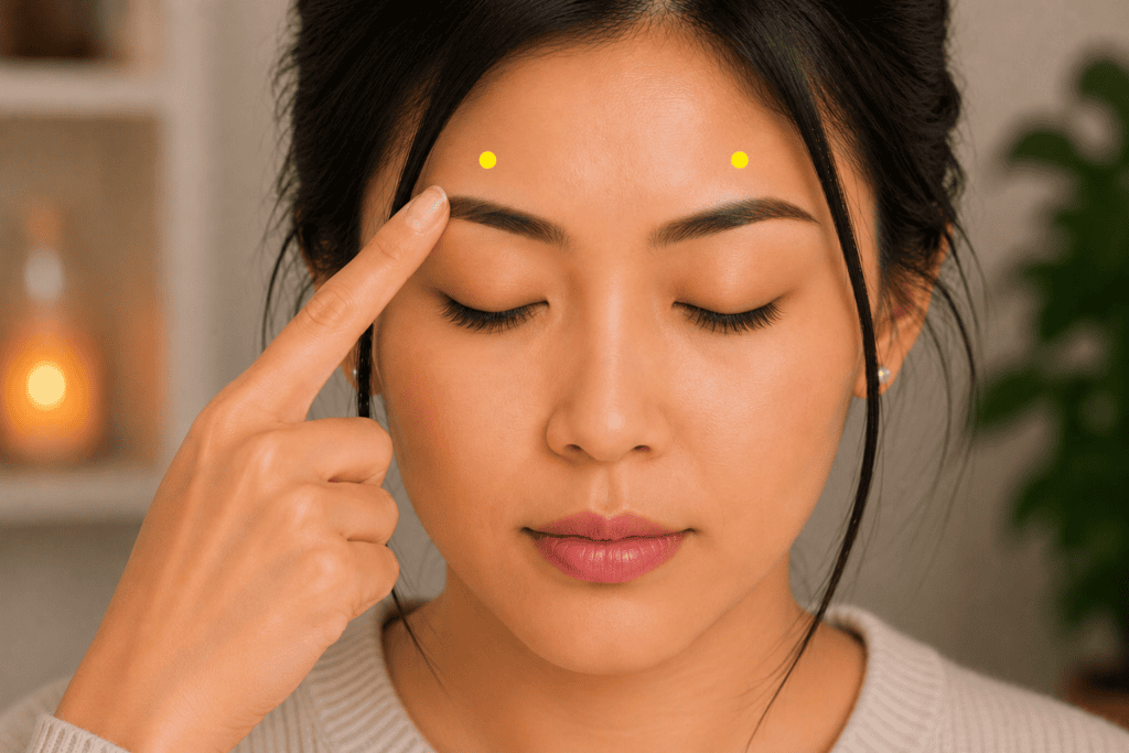 Close-up of a forehead with a yellow dot marker one finger-width above the middle of the eyebrow, indicating GB14.