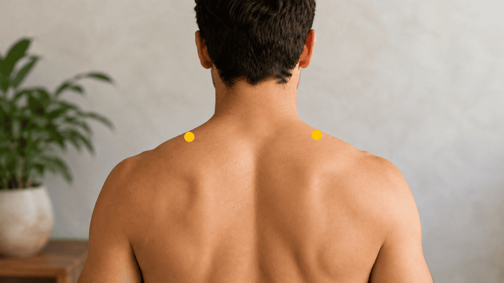 Close-up of the top of a shoulder with a yellow dot marker at the highest point of the shoulder midway between the base of the neck and the tip of the shoulder, indicating the location of GB21.