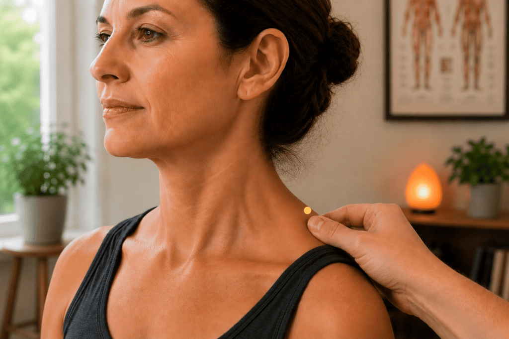 Close-up of a pregnant person's shoulder with a yellow dot marker at the highest point of the shoulder midway between the base of the neck and the outer edge of the shoulder, indicating the location of GB21.