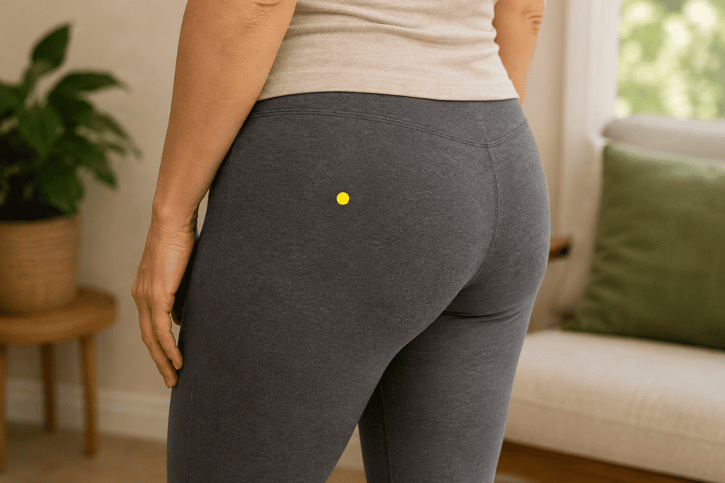 Modestly framed close-up of the hip area with a yellow dot marker a third of the way from the hip bone toward the tailbone, indicating GB30.