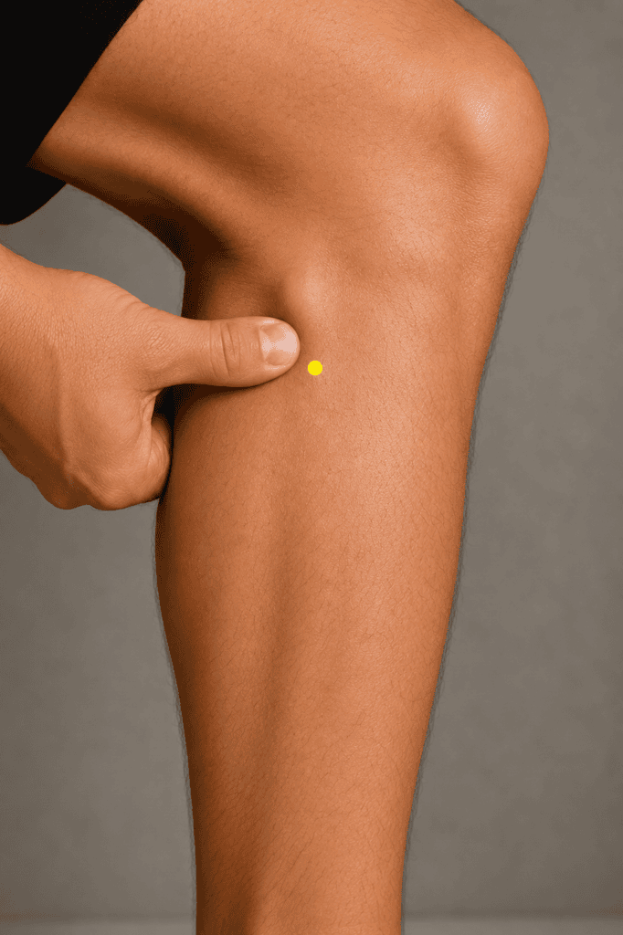 Close-up of an outer lower leg with a yellow dot marker in the depression just below the knee in front of and below the head of the fibula, indicating the location of GB34.