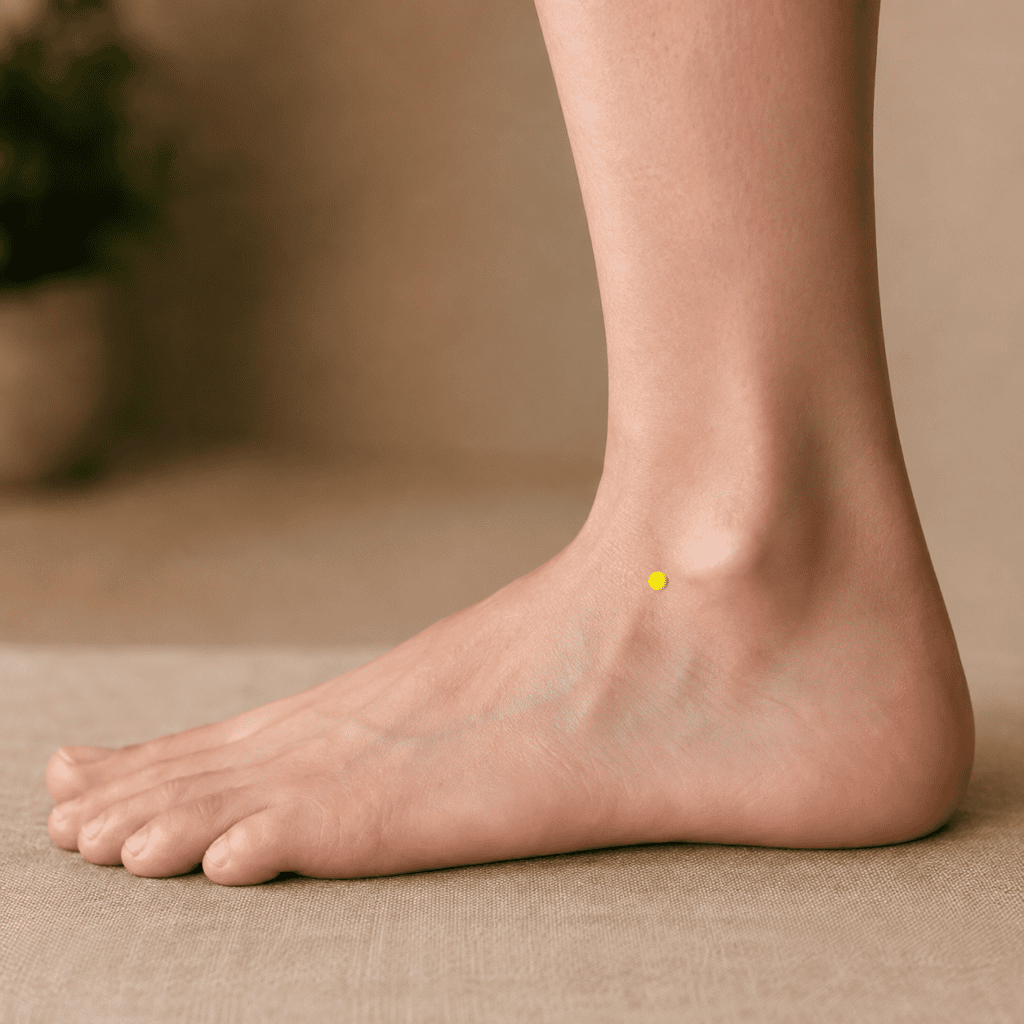 Close-up of the outer ankle with a yellow dot marker in the depression in front of and below the outer ankle bone directly in front of the ankle joint, indicating the location of GB40.