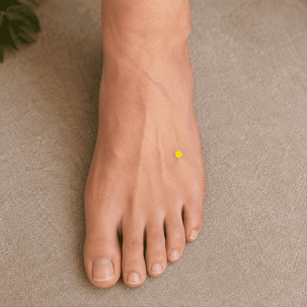 Close-up of the top of a foot with a yellow dot marker in the depression in front of where the fourth and fifth metatarsal bones meet, indicating the location of GB41.