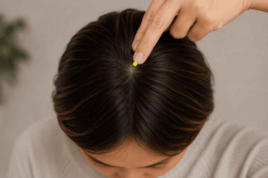 Close-up of the top of a head with a yellow dot marker at the crown in the small hollow midway between the ears, indicating the location of GV20.