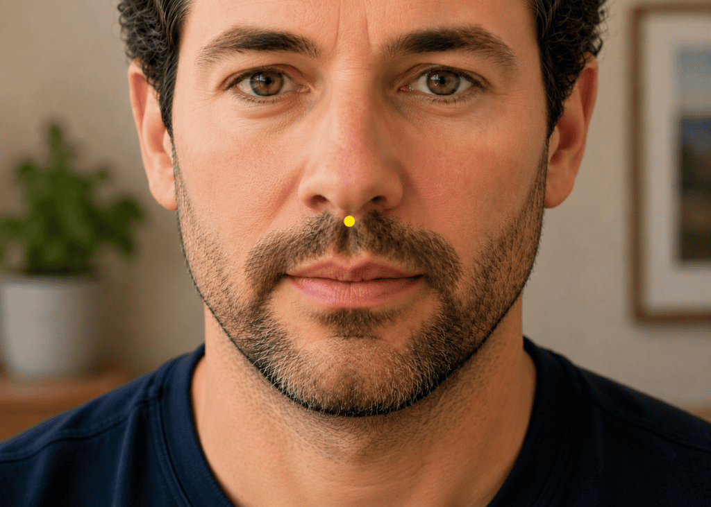 Close-up of a face with a yellow dot marker in the groove between the base of the nose and the upper lip, indicating GV26.