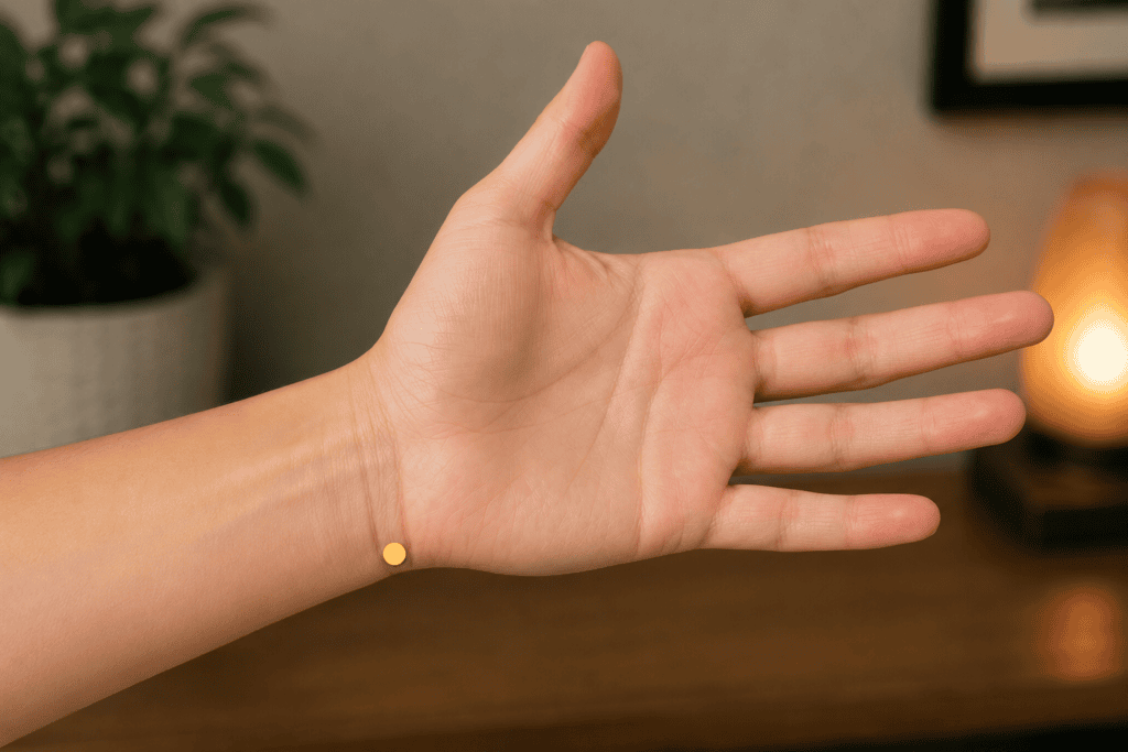 Close-up of a wrist with a yellow dot marker at the wrist crease on the pinky side just above the wrist bone, indicating the location of HT7.