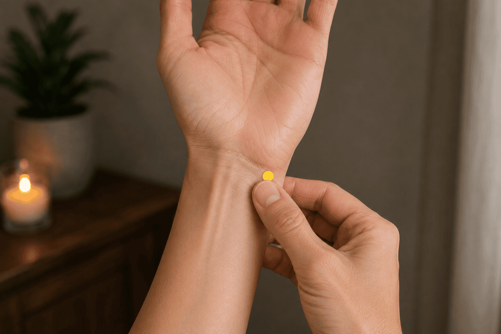 Close-up of a wrist with a yellow dot marker at the wrist crease on the pinky side just above the wrist bone, indicating the location of HT7.