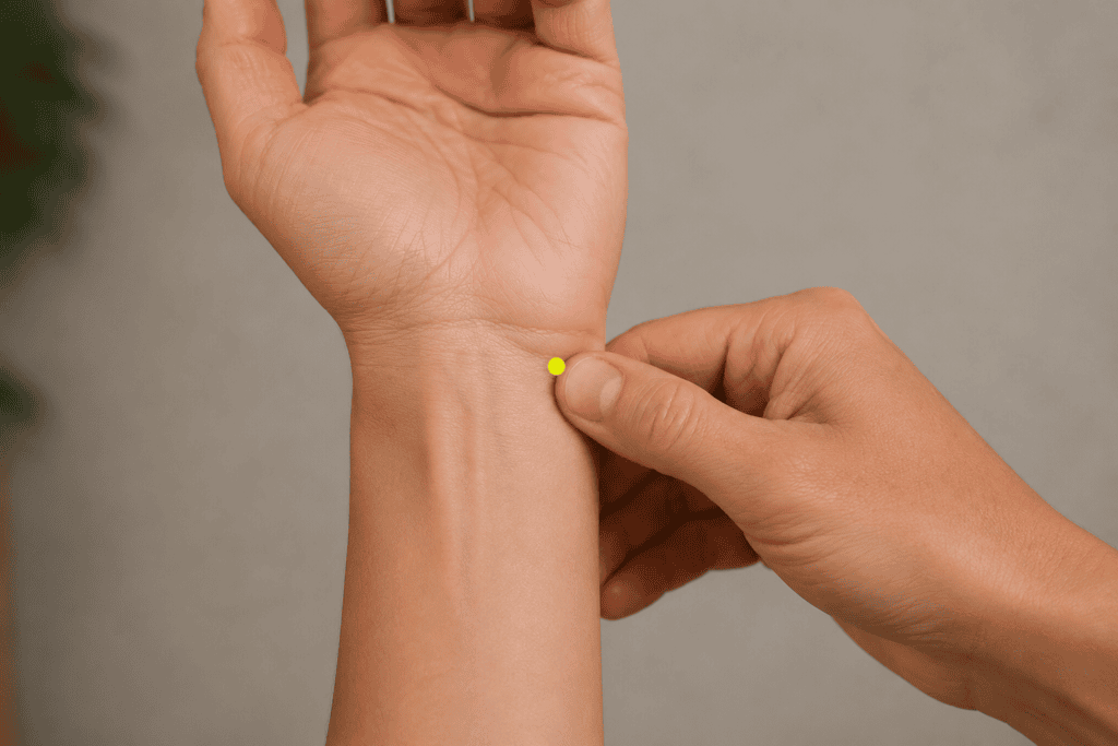Close-up of a wrist with a yellow dot marker at the wrist crease on the pinky side just above the wrist bone, indicating the location of HT7.