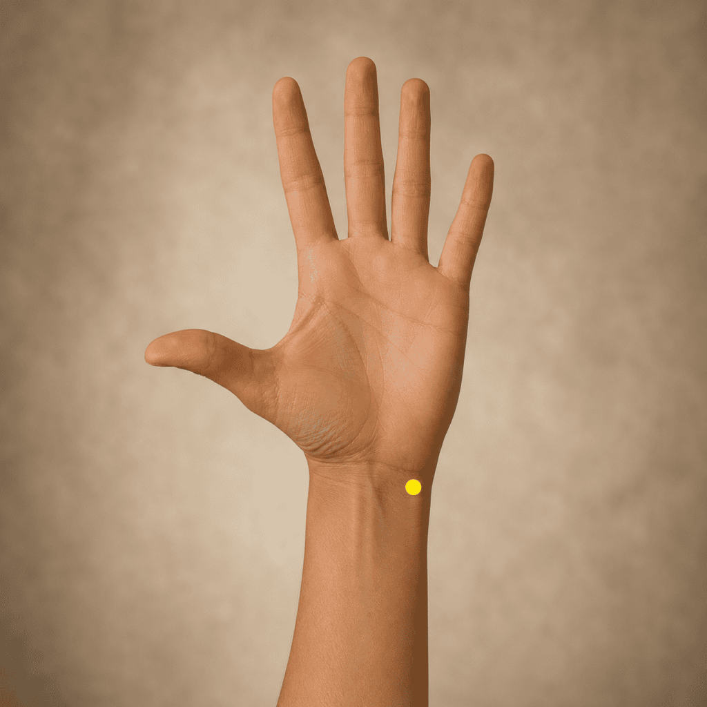 Close-up of a wrist with a yellow dot marker at the wrist crease on the pinky side just above the wrist bone, indicating the location of HT7.