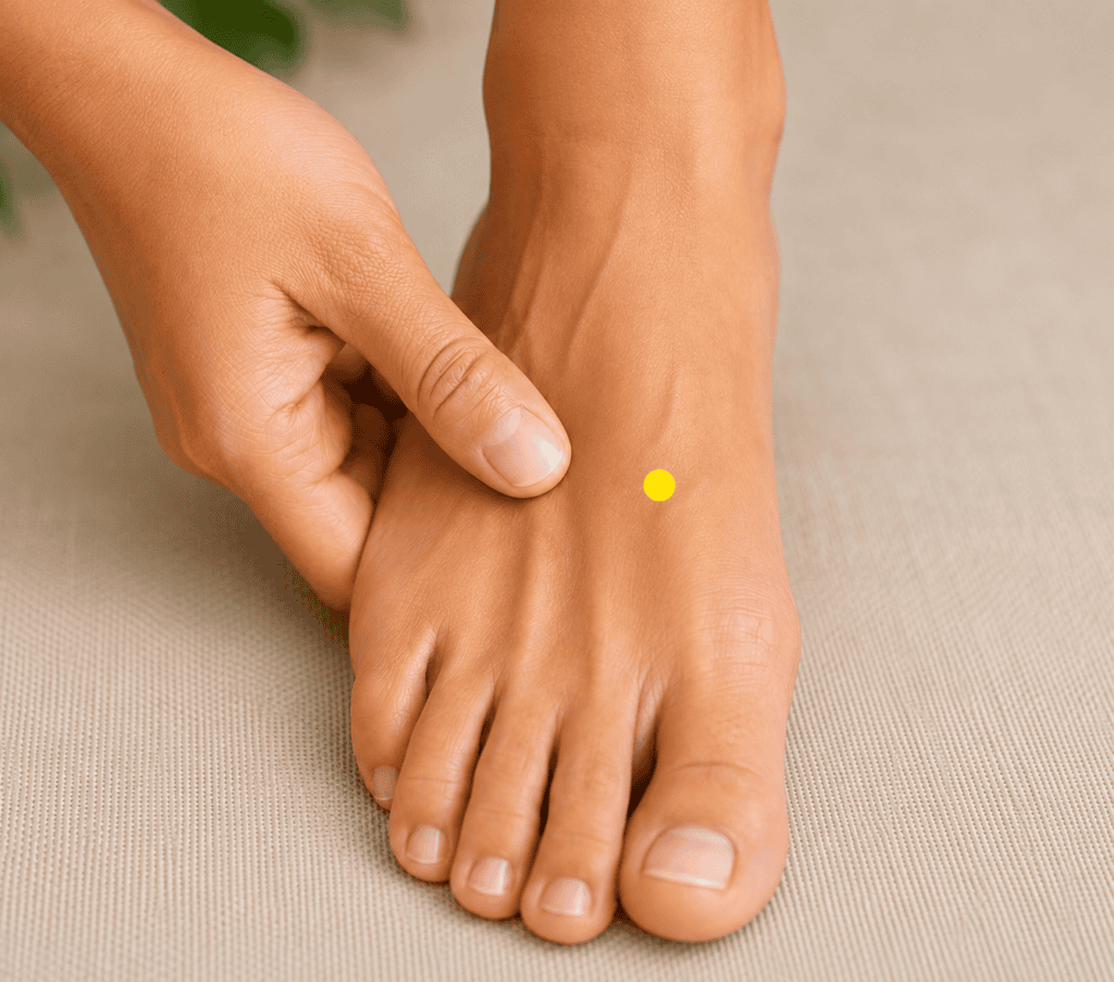 Close-up of the top of a foot with a yellow dot marker in the depression between the first and second metatarsal bones about one thumb-width above LR3 toward the ankle, indicating the location of Huo Zhu.