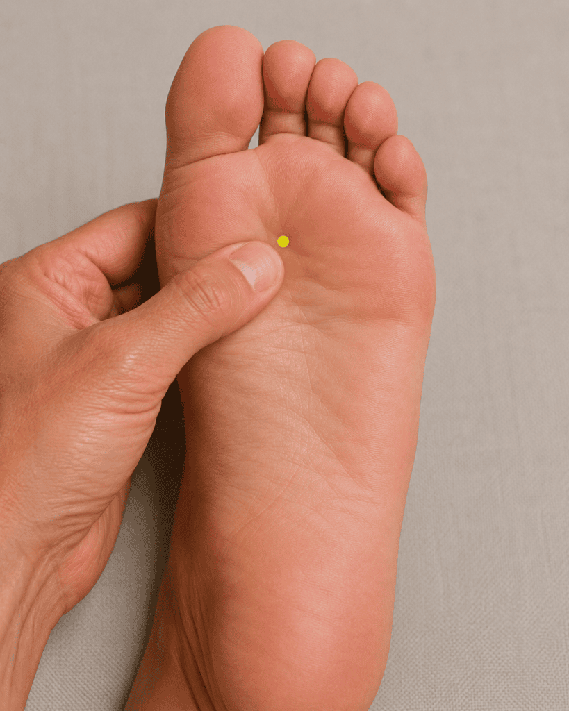 Close-up of the sole of a foot with a yellow dot marker in the depression that appears when the toes curl downward about one-third of the way from the base of the toes to the heel, indicating the location of KI1.