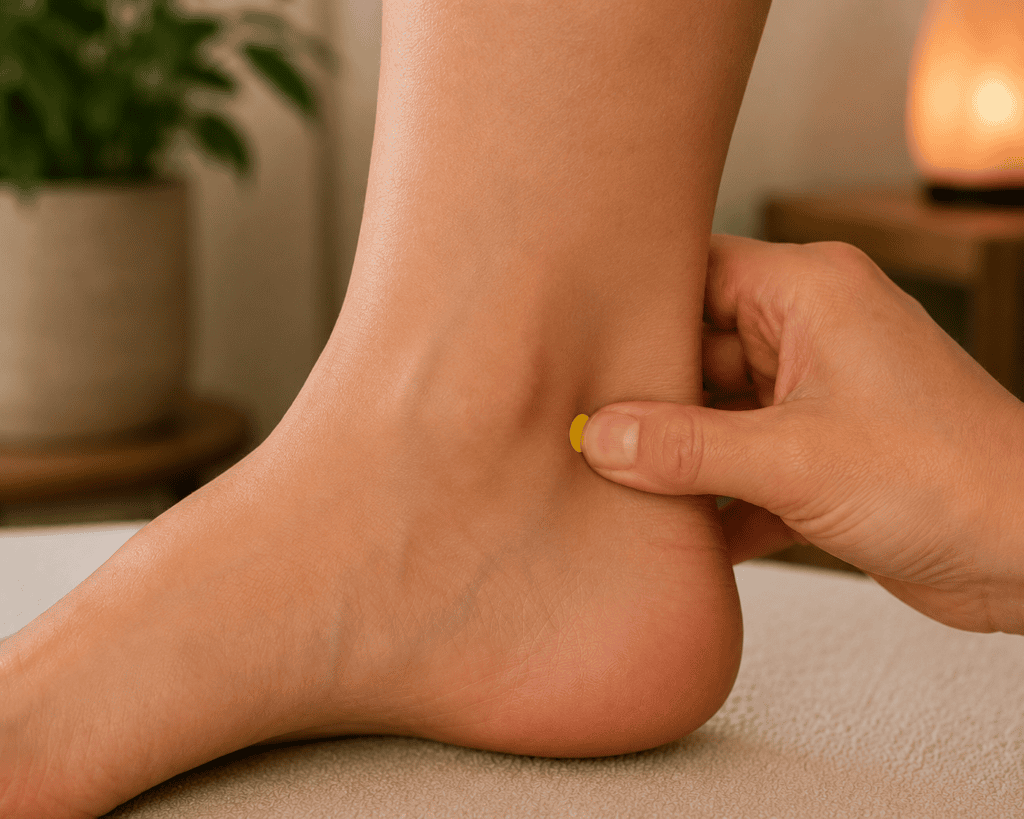 Close-up of an inner ankle with a yellow dot marker in the hollow between the ankle bone and the Achilles tendon, indicating KI3.