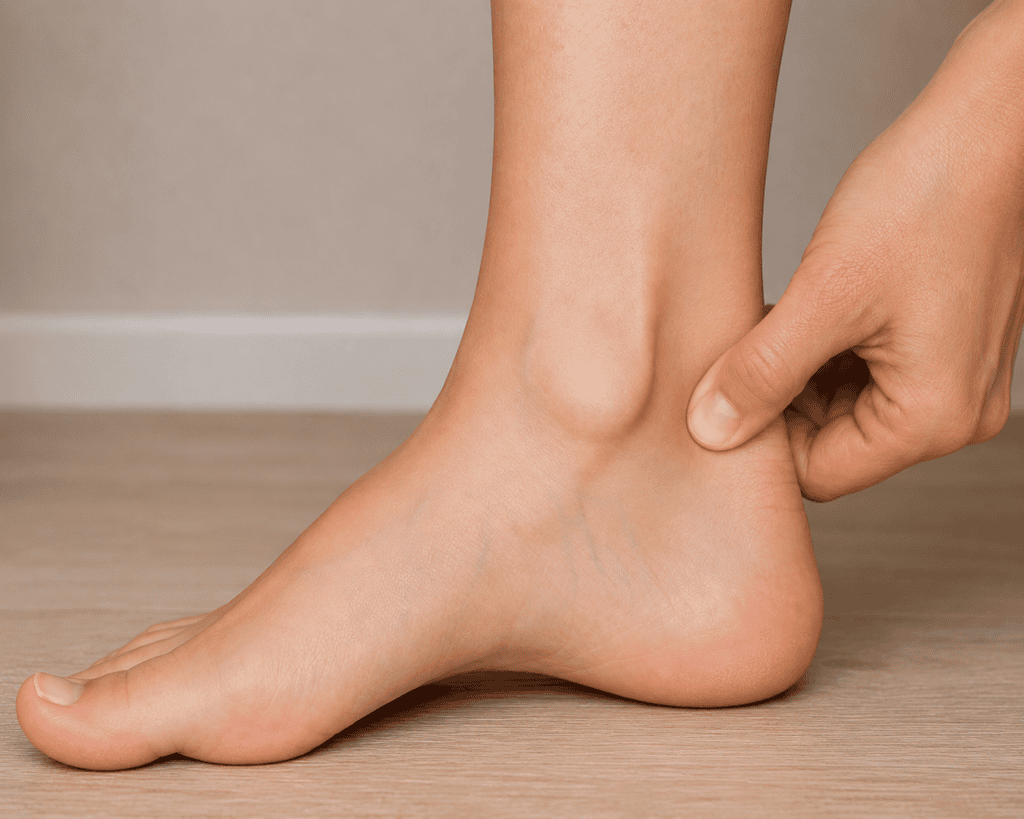 Close-up of an inner ankle with a yellow dot marker in the depression behind the inner ankle bone between the ankle bone and the Achilles tendon, indicating the location of KI3.