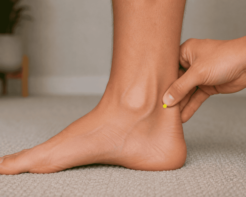 Close-up of an inner ankle with a yellow dot marker in the depression behind the inner ankle bone between the ankle bone and the Achilles tendon, indicating the location of KI3.