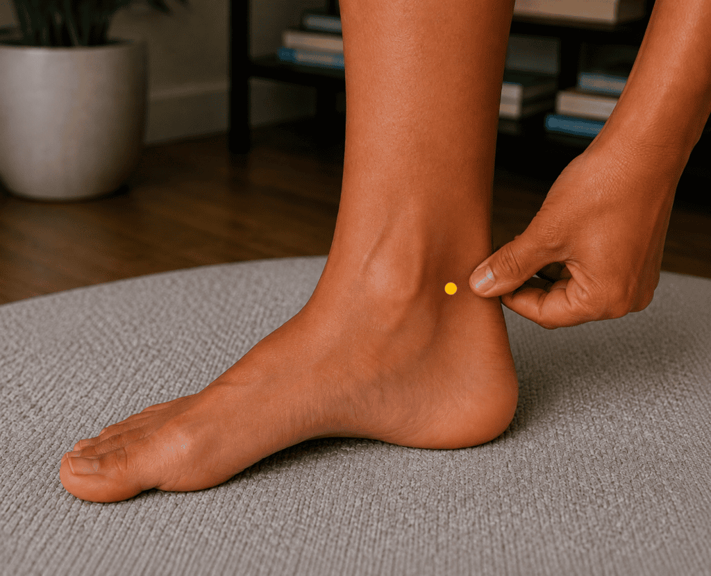 Close-up of an inner ankle with a yellow dot marker in the hollow between the ankle bone and the Achilles tendon, indicating KI3.