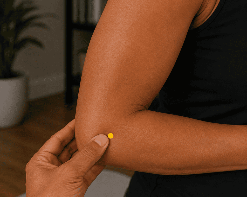 Close-up of an outer elbow with a yellow dot marker at the outer end of the elbow crease when the arm is bent, indicating the location of LI11.