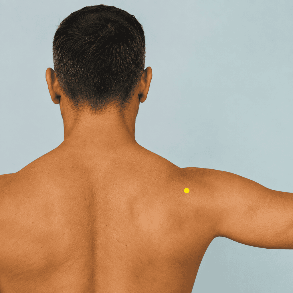 Close-up of a shoulder with a yellow dot marker in the depression above the shoulder joint in the hollow between the collarbone and shoulder blade, indicating the location of LI16.