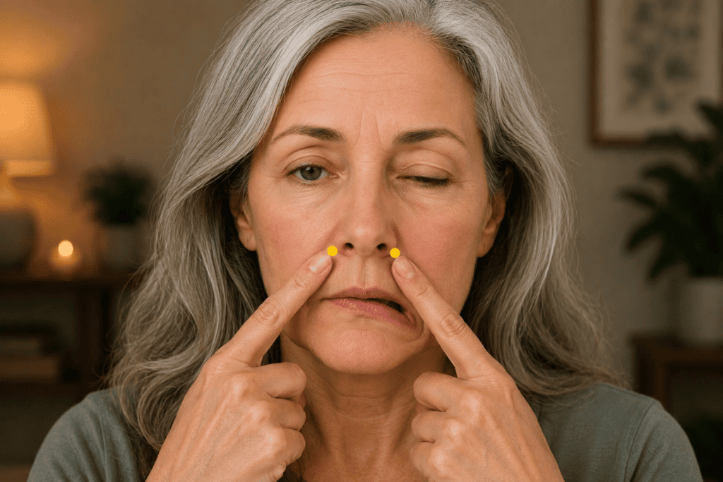 Close-up of a face with a yellow dot marker in the small groove beside the nostril at the level of the midpoint of the nose, indicating the location of LI20.