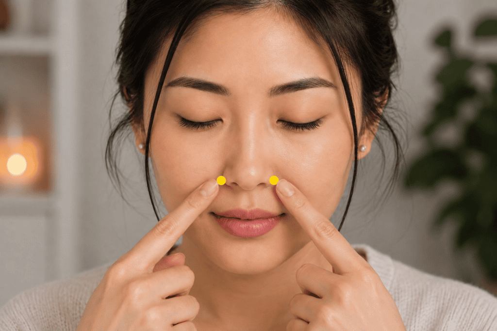 Close-up of a face with a yellow dot marker in the small groove beside the nostril at the level of the midpoint of the nose, indicating the location of LI20.