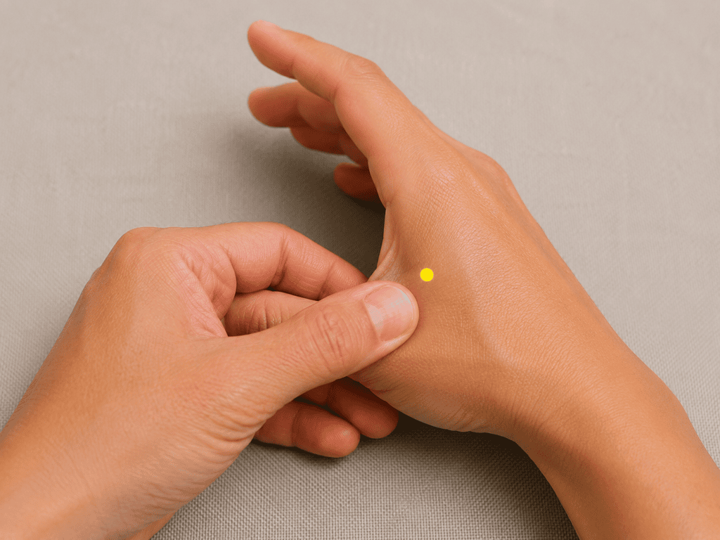 Close-up of a hand with a yellow dot marker in the webbing between the thumb and index finger, indicating LI4.
