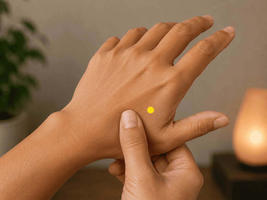 Close-up of a hand with a yellow dot marker in the webbing between the thumb and index finger, indicating LI4.