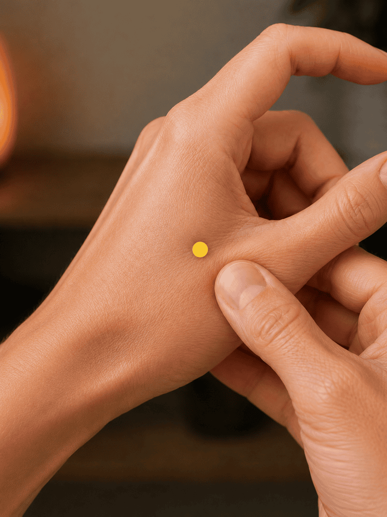 Close-up of a hand with a yellow dot marker in the webbing between the thumb and index finger, indicating LI4.