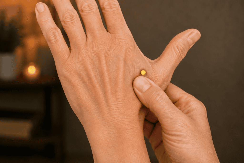 Close-up of a hand with a yellow dot marker in the soft tissue webbing between the thumb and index finger, indicating the location of LI4.