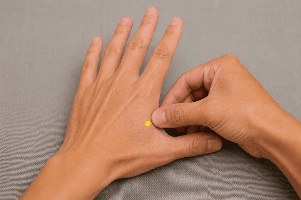 Close-up of a hand with a yellow dot marker in the soft tissue webbing between the thumb and index finger, indicating the location of LI4.