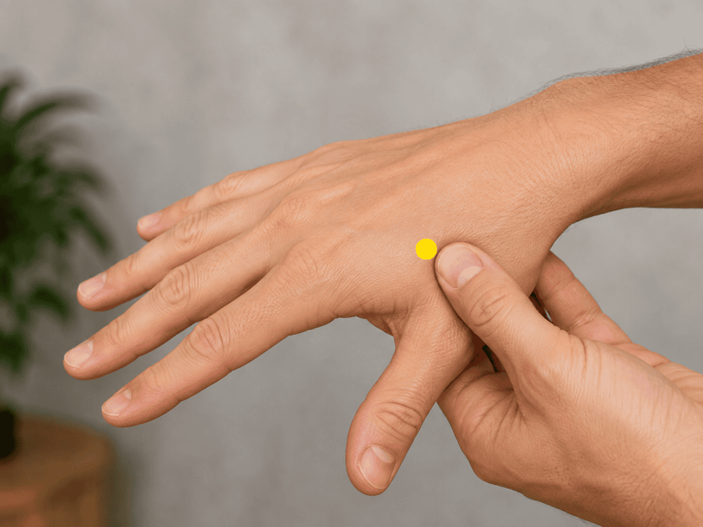 Close-up of a hand with a yellow dot marker in the soft tissue webbing between the thumb and index finger, indicating the location of LI4.